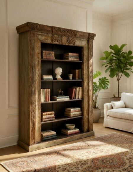 Antica Libreria in Teak con Fregio Scolpito