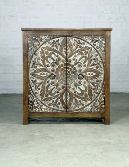 Credenza Artigianale in Legno di Mango Intagliata con Simbolo Fiore della Vita