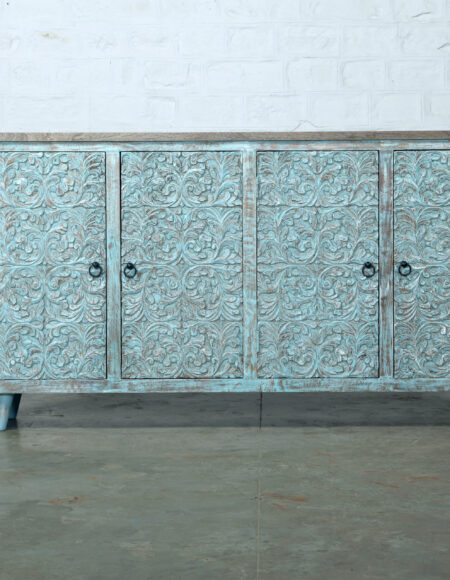 Credenza Intagliata Azzurra in Legno Massello